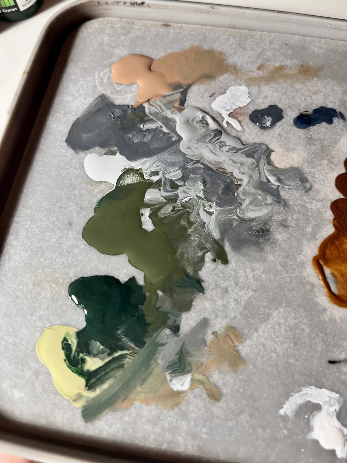 Wet palette with greens and greys